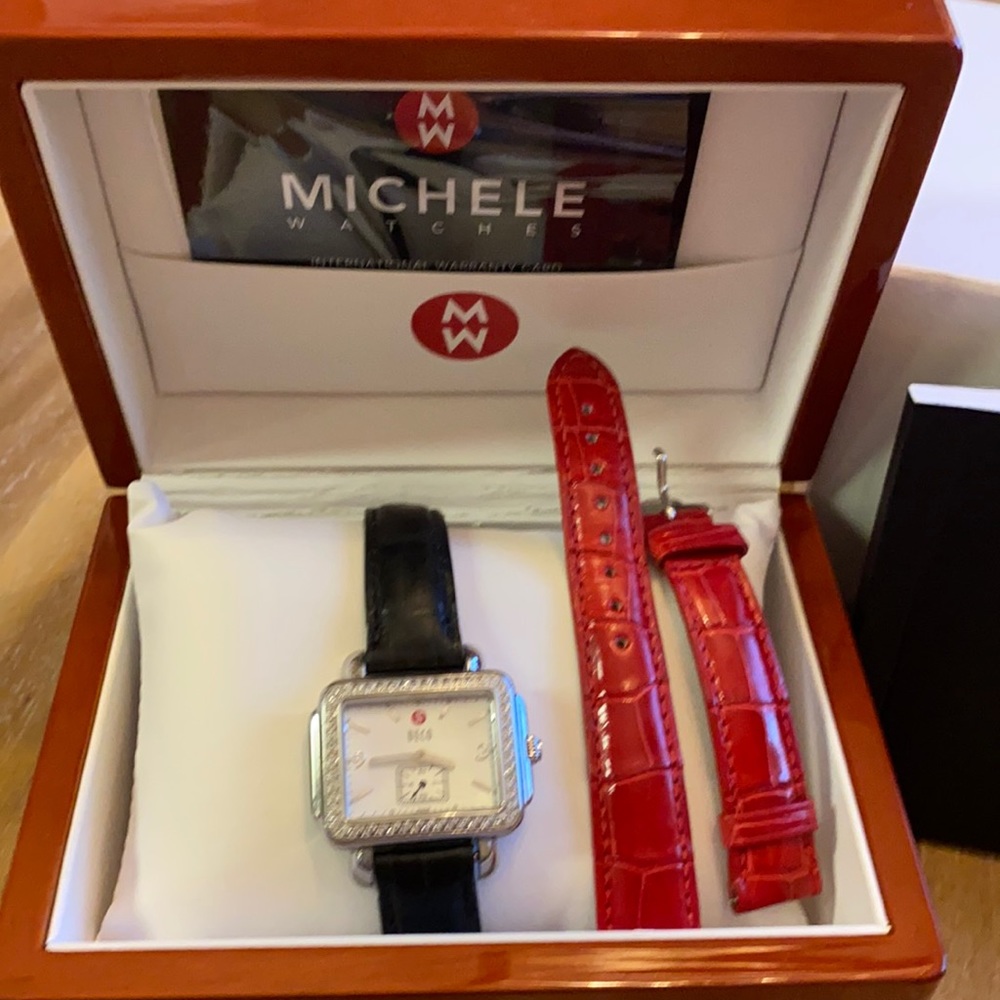Michele Deco diamond watch with extra band(red)